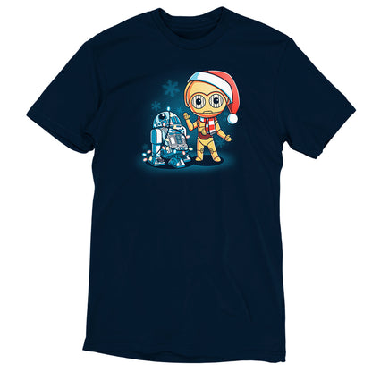An officially licensed Star Wars T-shirt featuring a gingerbread man and Festive R2-D2 and C-3PO droids.