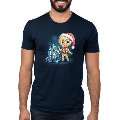 An officially licensed Star Wars T-shirt featuring Santa Claus with the Festive R2-D2 and C-3PO.