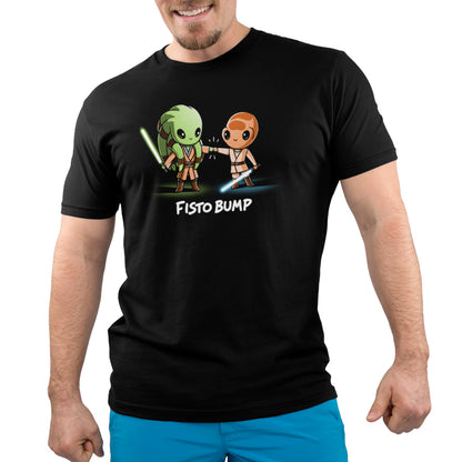 A man wearing an officially licensed Star Wars black T-shirt with a yoda.