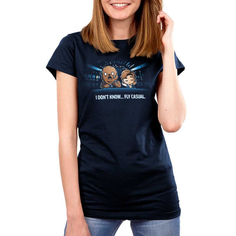 A woman wearing an officially licensed Star Wars Fly Casual t-shirt.