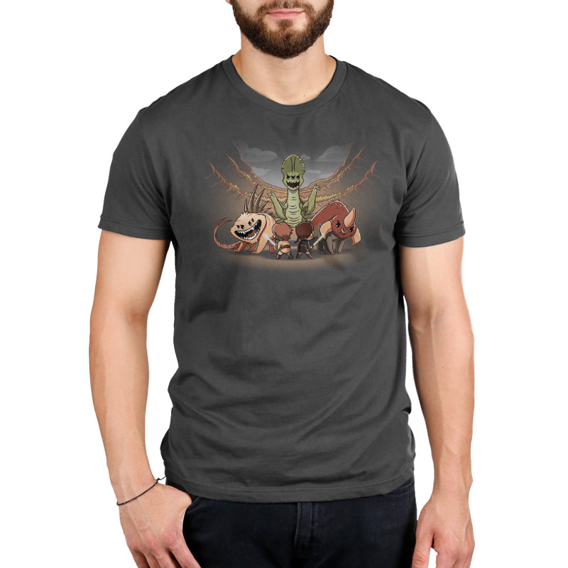 An officially licensed Star Wars men's t-shirt featuring a man and a dog, made from Ringspun Cotton, called Geonosis Arena Duel.