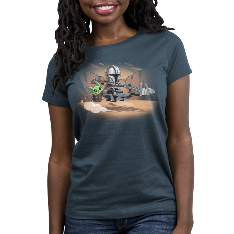 Officially licensed Star Wars Grogu & Mando Desert Speeder women's T-shirt.