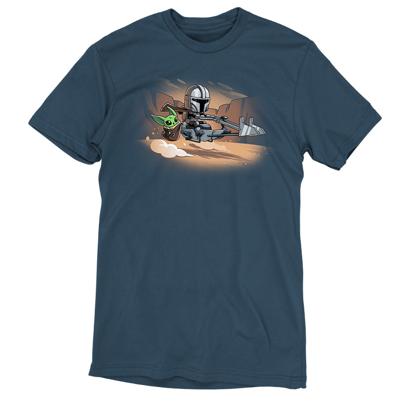 Officially licensed Grogu & Mando Desert Speeder T-shirt by Star Wars with a star wars character riding a bike.