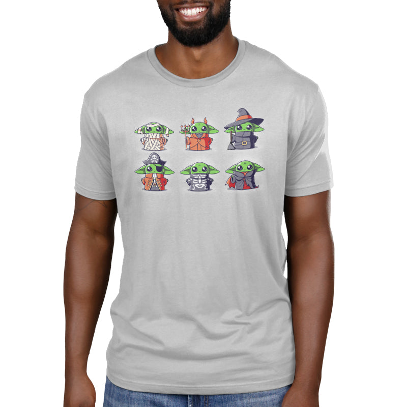 A Star Wars-themed gray T-shirt featuring a Yoda hat from Grogu's Costumes.