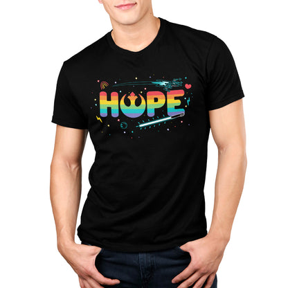 A man wearing an officially licensed Star Wars "Hope For the Galaxy" black t-shirt.