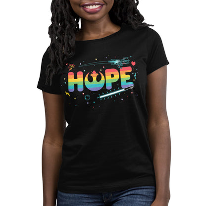 A woman wearing an officially licensed Star Wars black T-shirt with the word Hope For the Galaxy on it.