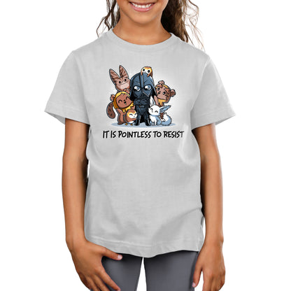 A girl wearing a Star Wars officially licensed t-shirt that says It Is Pointless to Resist.