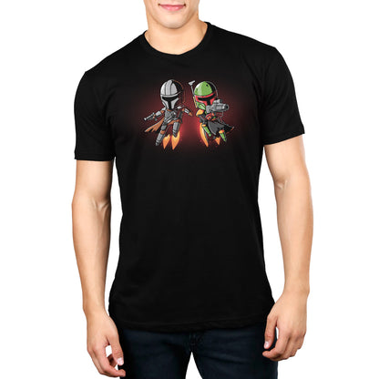 A men's black t - shirt featuring two officially licensed Star Wars Jet Pack Bounty Hunters.