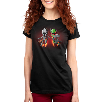 A women's black t-shirt with two officially licensed Jet Pack Bounty Hunters from Star Wars on it.