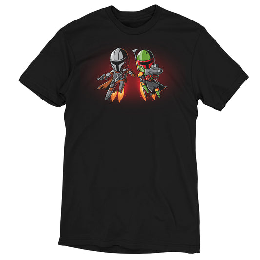 A black t-shirt featuring two officially licensed Jet Pack Bounty Hunters characters by Star Wars.