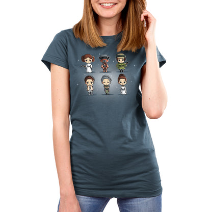 An officially licensed women's t-shirt featuring Leia Organa: Style Icon from Star Wars in a galaxy design.