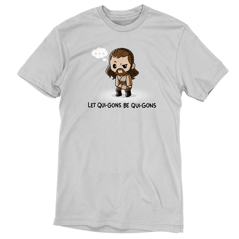 A white Let Qui-Gons be Qui-Gons T-shirt with a cartoon of a girl wearing an officially licensed Les Oiseaux De Star Wars T-shirt made of super soft ringspun cotton.