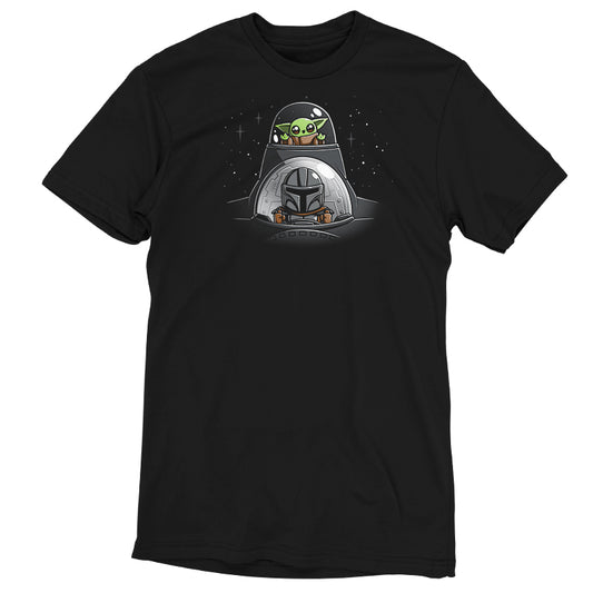An officially licensed Star Wars black t-shirt with a casual fit and an image of Yoda in space, featuring the Mando and Grogu's N-1 Adventure design.