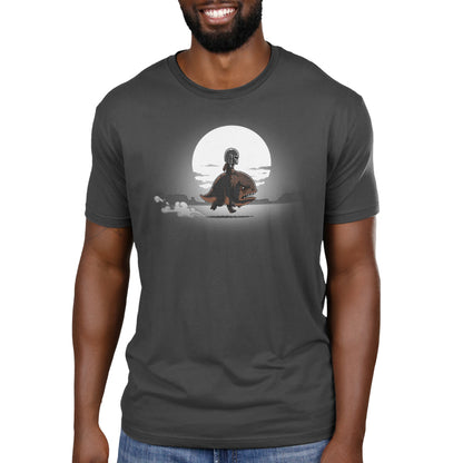 A man wearing an officially licensed Star Wars Mandalorian t-shirt.