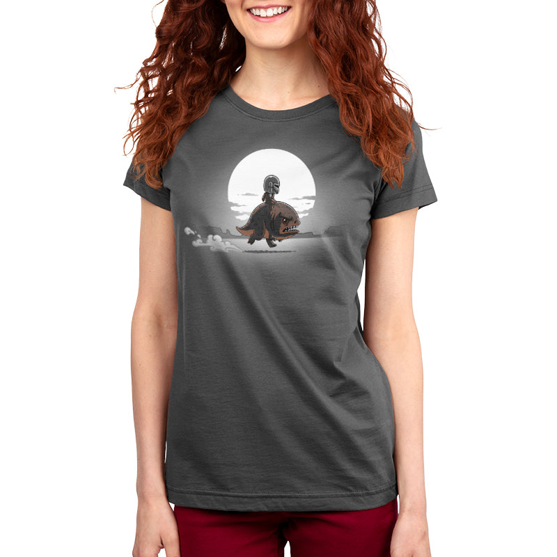 An officially licensed women's Star Wars Mandalorian t-shirt with an image of Mando's Desert Ride.