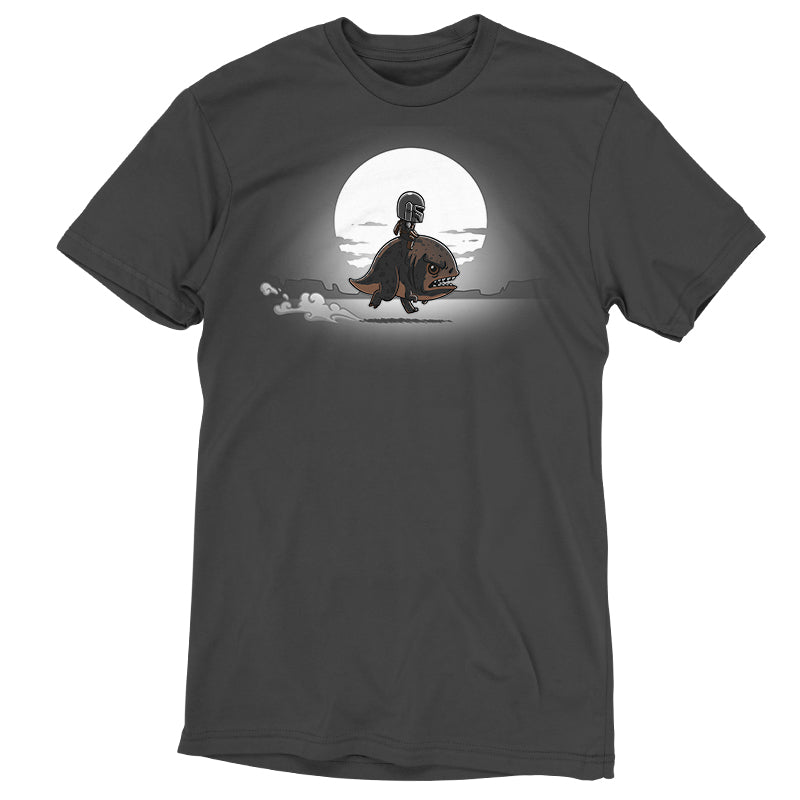 A Mandalorian officially licensed black t-shirt featuring an image of a man riding a horse in front of a full moon.