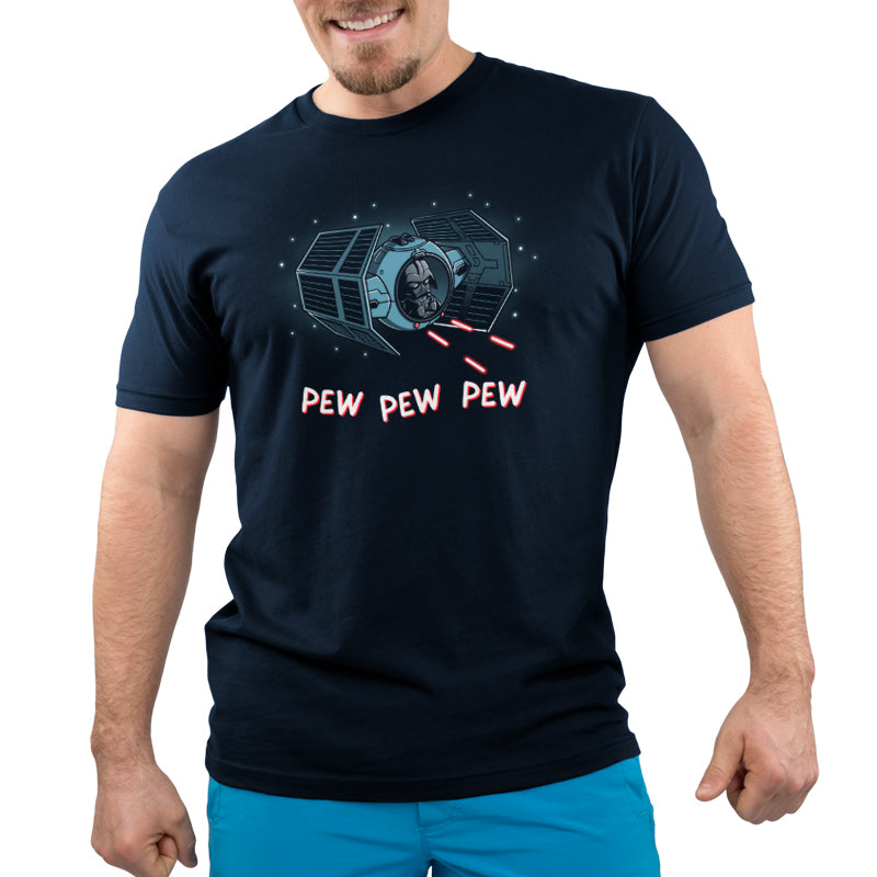A man wearing an officially licensed Star Wars t-shirt featuring Pew Pew Darth Vader.