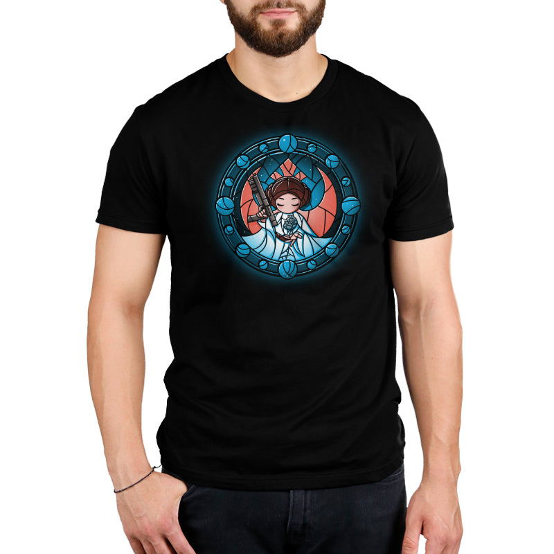 A licensed Star Wars men's T-shirt featuring the Princess Leia Stained Glass Window from Star Wars.