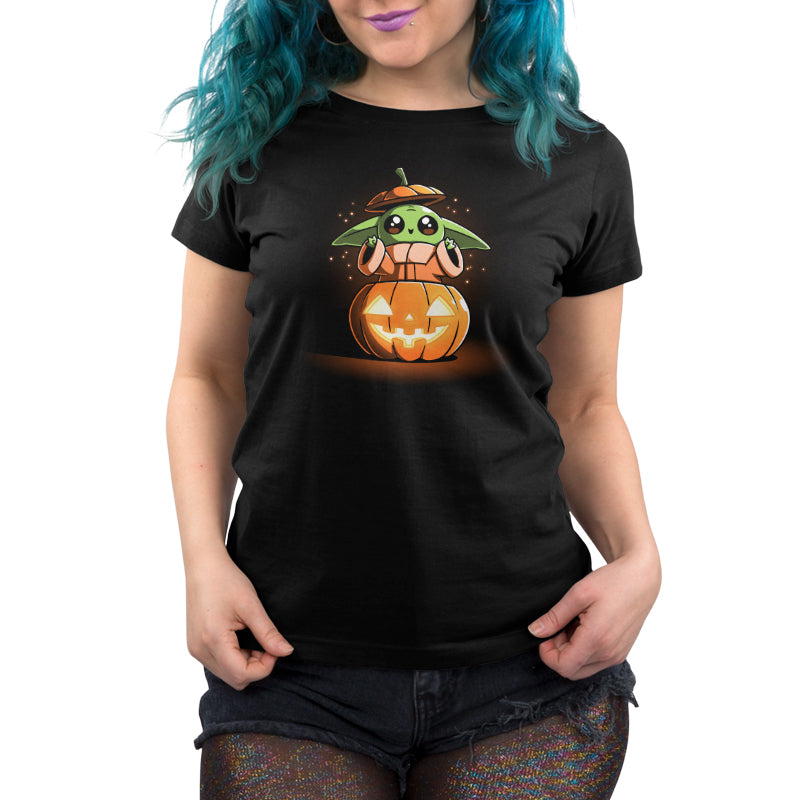 An officially licensed women's black t-shirt featuring Pumpkin Grogu from Star Wars: The Mandalorian.