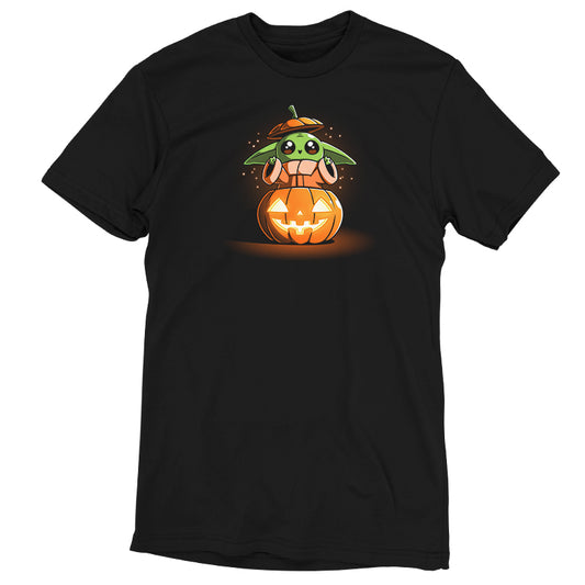 A black licensed Pumpkin Grogu t-shirt featuring Star Wars on a pumpkin.