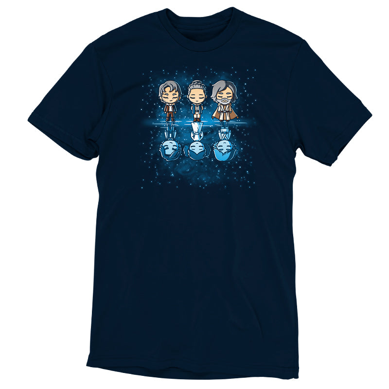 An officially licensed Star Wars navy t-shirt with three characters on it.