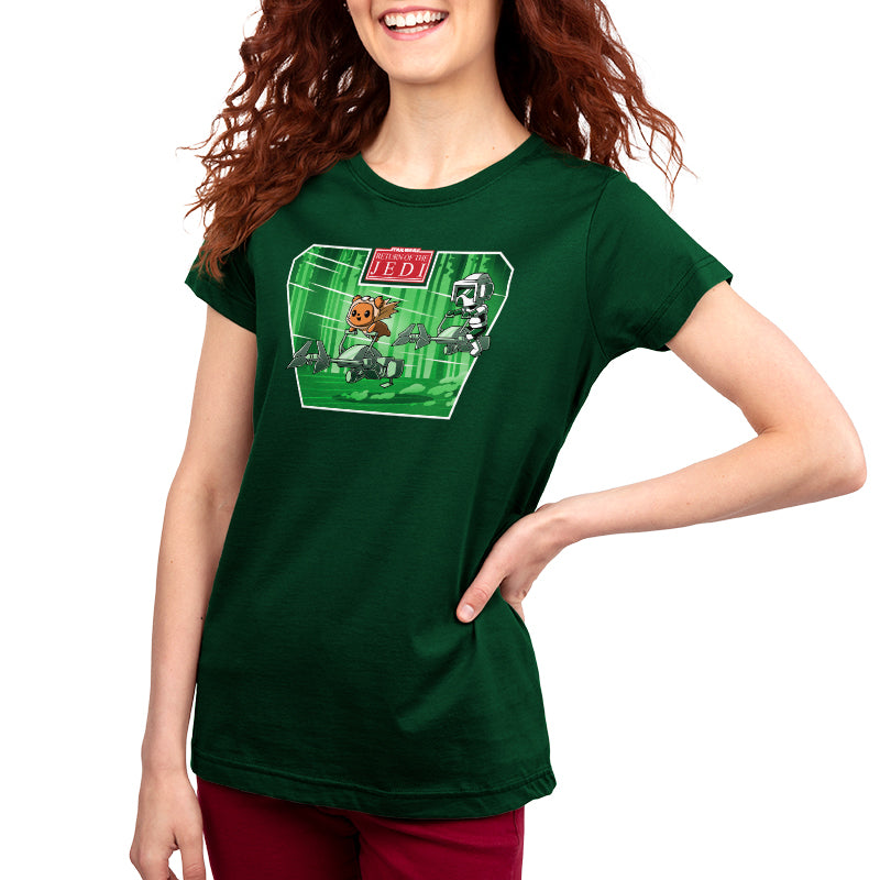 A woman wearing a green Star Wars Return Of The Jedi Endor Poster t-shirt.