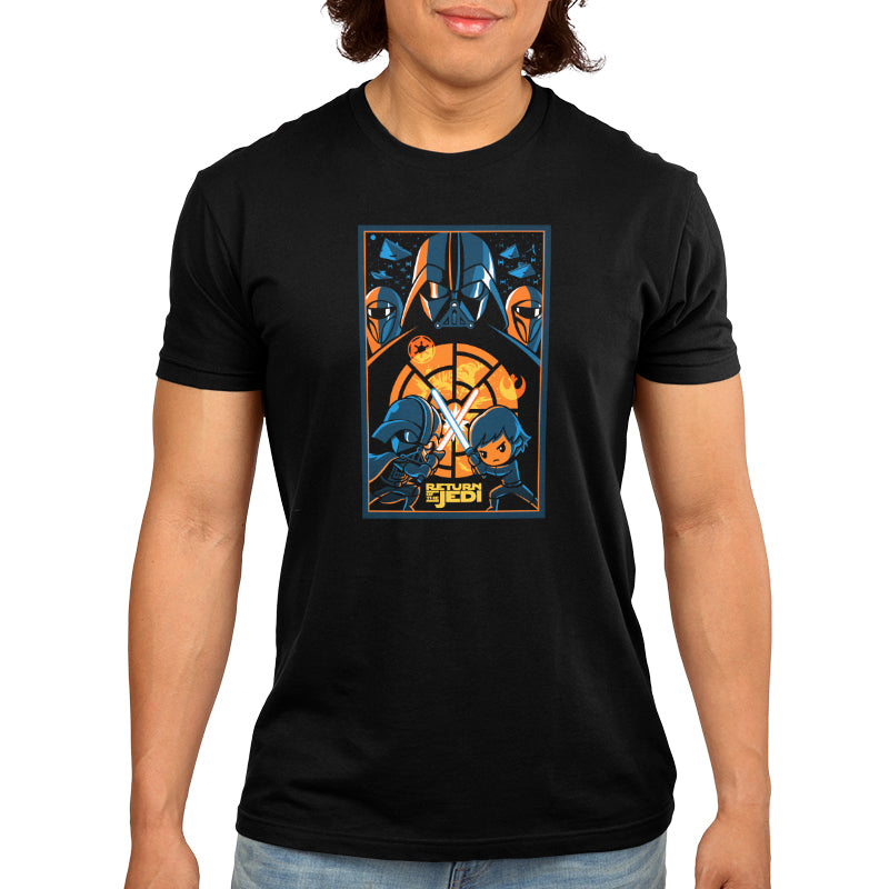 Officially licensed black men's t-shirt featuring a Star Wars Return Of The Jedi Battle Poster tarot card.