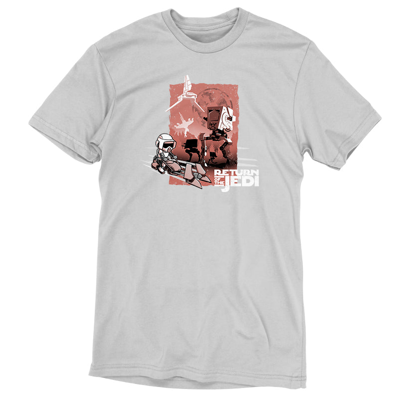 An officially licensed Star Wars T-shirt featuring an image of a man riding a motorcycle.
