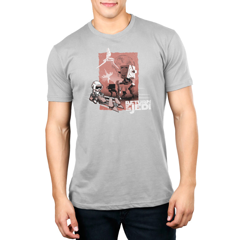 A man wearing an officially licensed Star Wars Return Of The Jedi Empire Poster grey t-shirt.