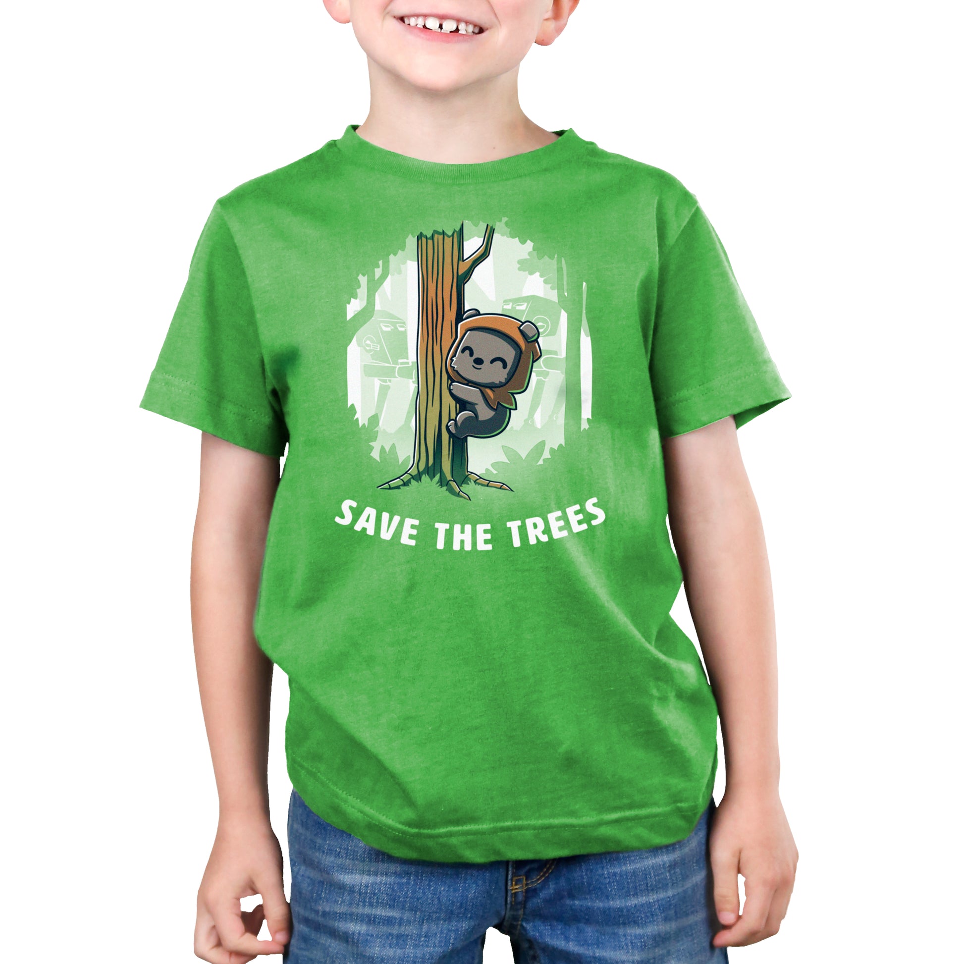 A young boy wearing a green Star Wars Save the Trees t-shirt.