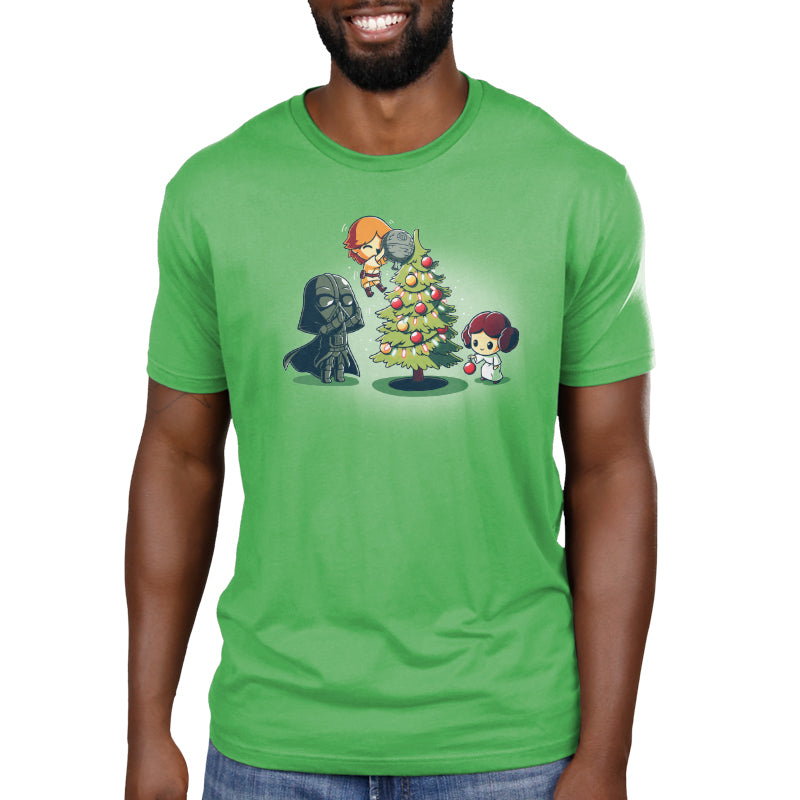 An officially licensed Star Wars Skywalker Family Christmas green t-shirt featuring Darth Vader and a Christmas tree.