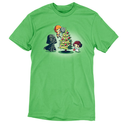 An officially licensed Star Wars "Skywalker Family Christmas" green t-shirt featuring Darth Vader and a Christmas tree.