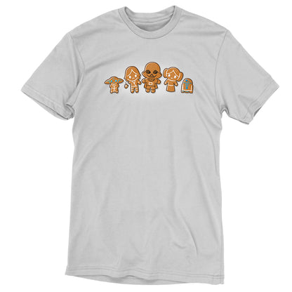 An officially licensed Star Wars white T-shirt with three gingerbread men on it.