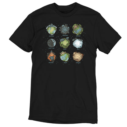An officially licensed Star Wars black t-shirt featuring different planets, perfect for fans of space or favorite artists.