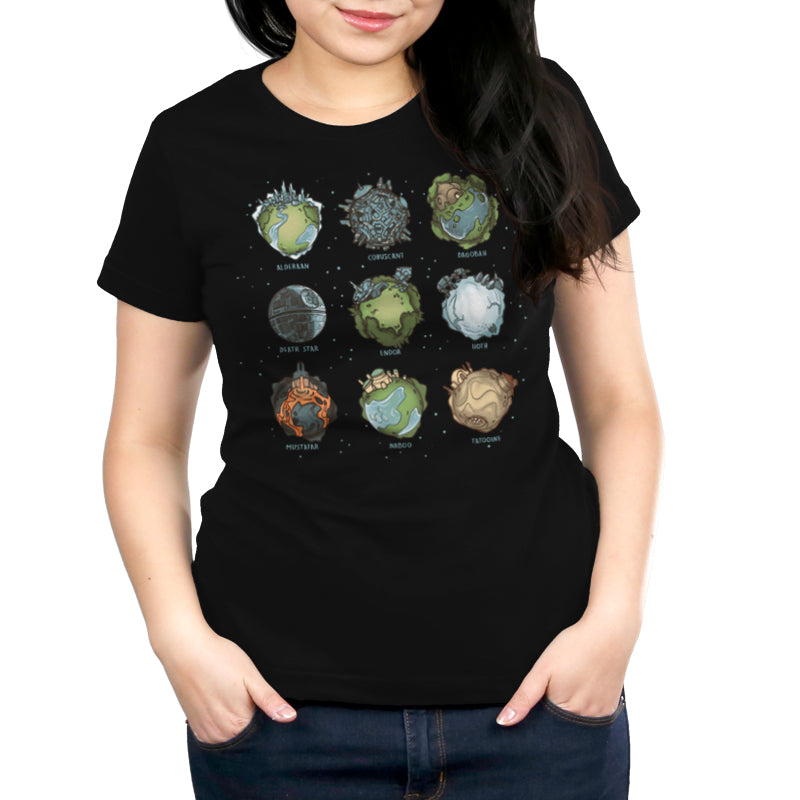 An officially licensed Star Wars women's T-shirt with the Star Wars Planets on it.
