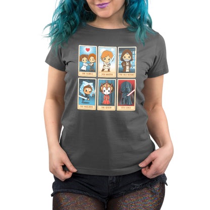 An officially licensed women's t-shirt featuring characters from Star Wars Tarot Cards.