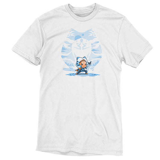 A white Symbolic Ahsoka t-shirt with an officially licensed cartoon character on it by Star Wars.