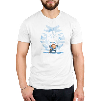 A man wearing an officially licensed Star Wars T-shirt with an image of Symbolic Ahsoka.