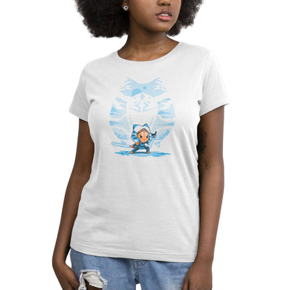 A white t-shirt for women featuring an image of the officially licensed Symbolic Ahsoka, a cartoon character and Togruta warrior from Star Wars.