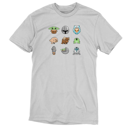 A Star Wars Mandalorian Gamut t-shirt featuring various icons, officially licensed.