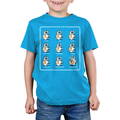 A young boy wearing an officially licensed Star Wars "The Many Moods of BB-8" t-shirt.