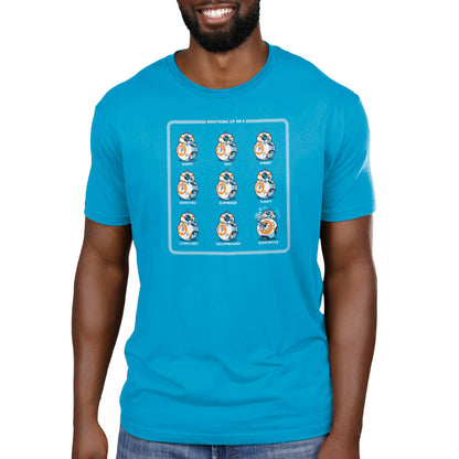 A man wearing The Many Moods of BB-8 t-shirt by Star Wars.