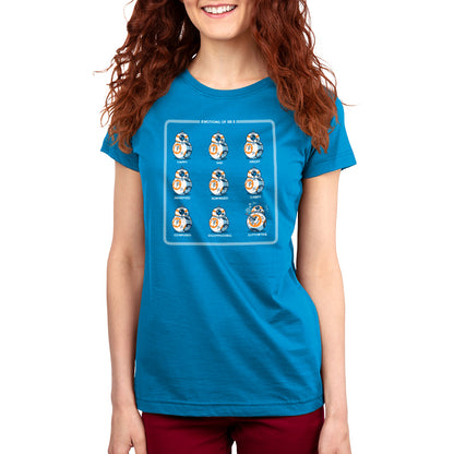 A women's Star Wars "The Many Moods of BB-8" T-shirt with a cat on it.