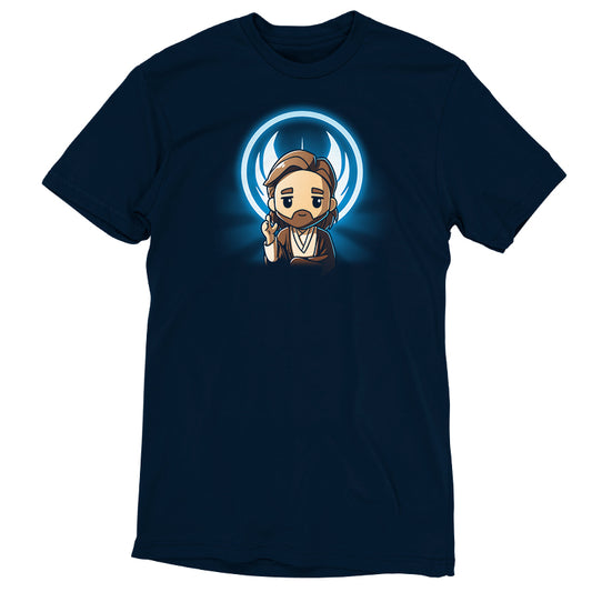 An officially licensed blue Star Wars T-shirt with an image of a boy holding The One and Only Obi-Wan Kenobi Lightsaber.