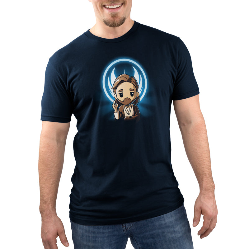 A man wearing an officially licensed Star Wars T-shirt with The One and Only Obi-Wan Kenobi character on it.