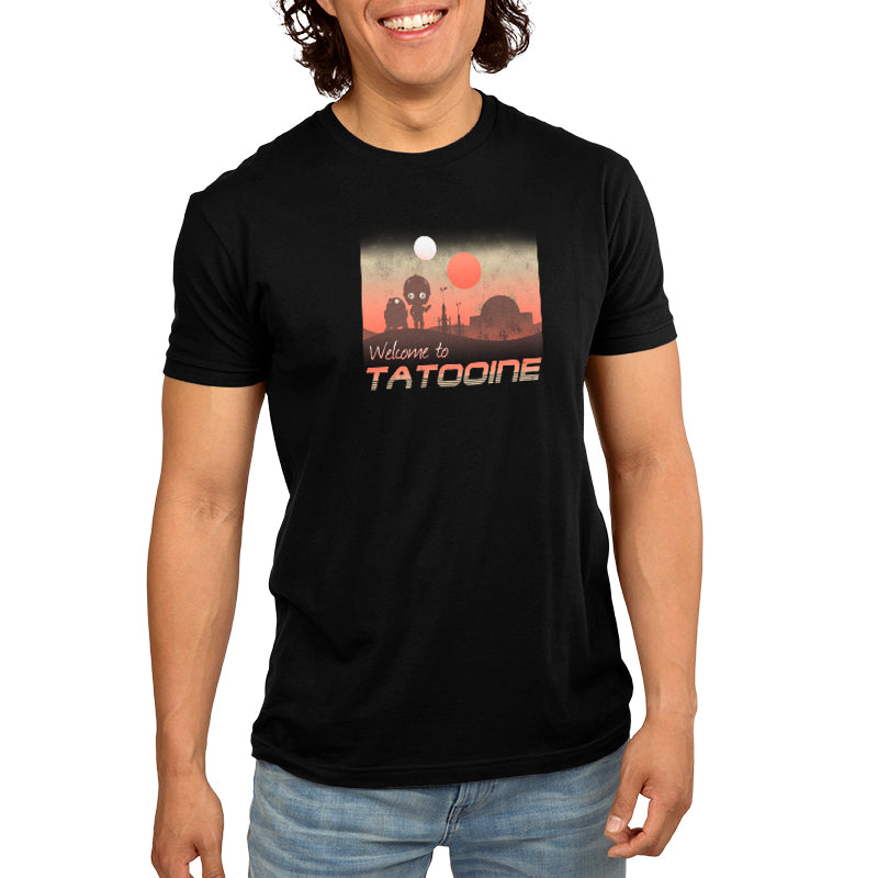 A man wearing the officially licensed Star Wars "Welcome to Tatooine" t-shirt.