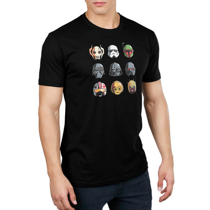 A man wearing a black t-shirt with various Star Wars characters on it, featuring Star Wars Masks.