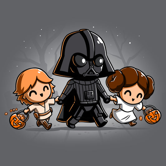 Darth Vader and his Star Wars licensed t-shirt buddies are holding Skywalker Family Halloween pumpkins.