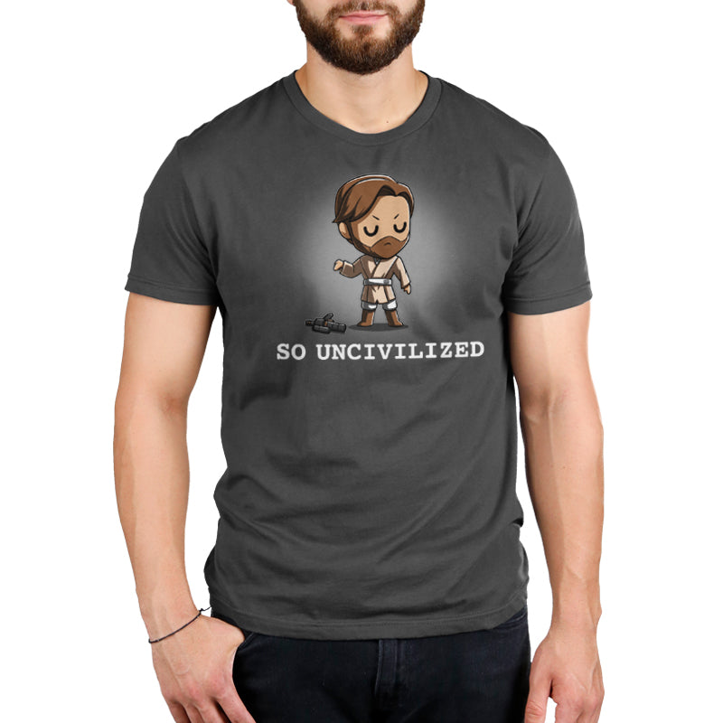 A man wearing an officially licensed Star Wars Obi-Wan Kenobi T-shirt from the So Uncivilized collection.