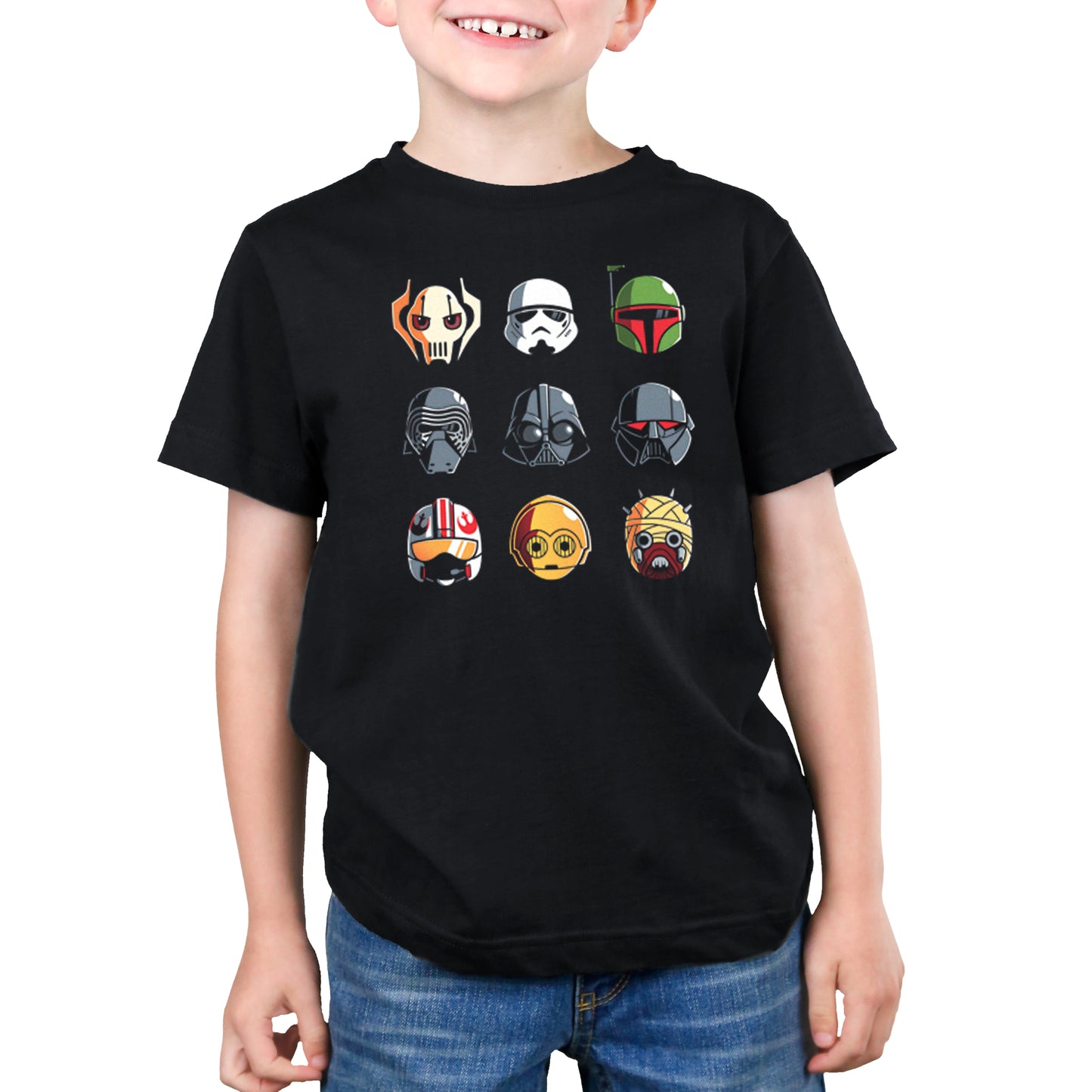 A young boy wearing a licensed Star Wars Masks t-shirt.